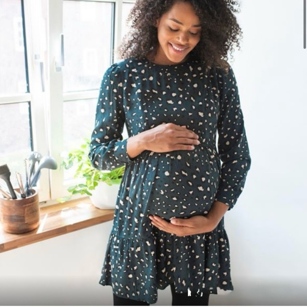 Seraphine Maternity and Nursing Green Dress with White and Black Pattern